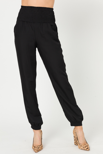 Silky Smocked Joggers, Black