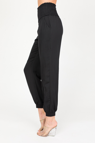 Silky Smocked Joggers, Black