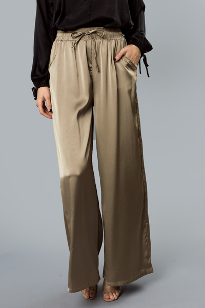 Wide Leg Satin Pants, Lt. Olive