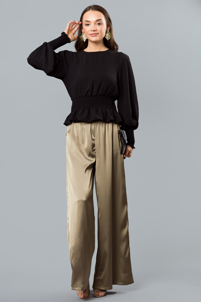 Wide Leg Satin Pants, Lt. Olive