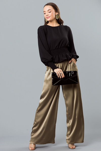 Wide Leg Satin Pants, Lt. Olive