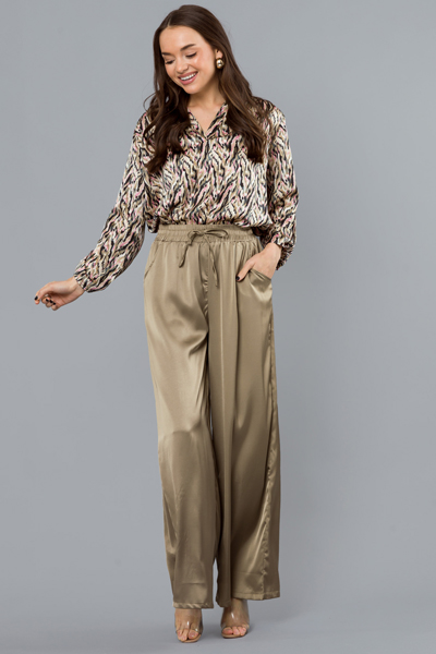 Wide Leg Satin Pants, Lt. Olive