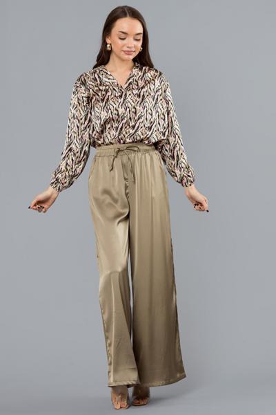 Wide Leg Satin Pants, Lt. Olive