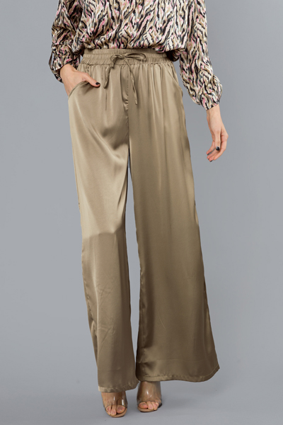 Wide Leg Satin Pants, Lt. Olive