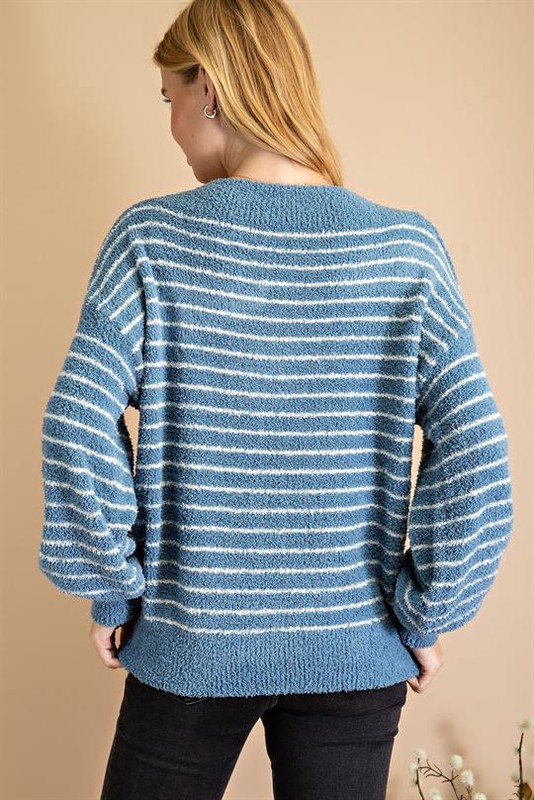 Fuzzy Soft Stripe Sweater, Blue