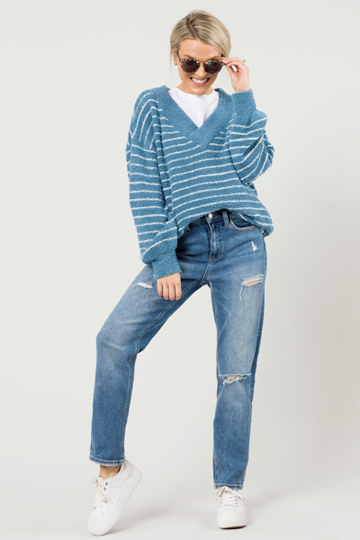 Fuzzy Soft Stripe Sweater, Blue