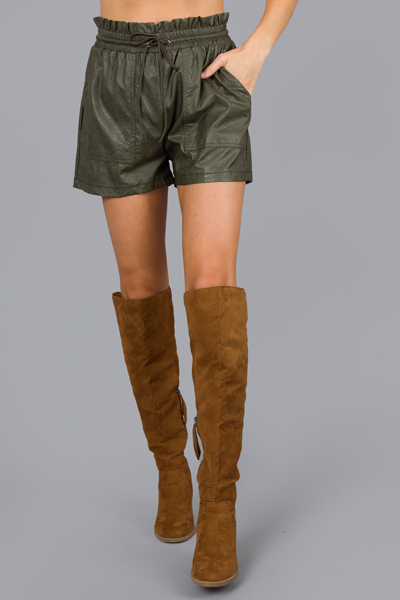 Paper Bag Leather Shorts, Olive