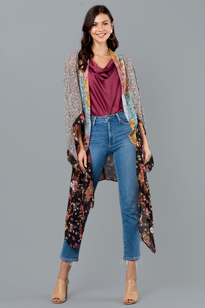 Mixed Floral Boho Kimono, Black