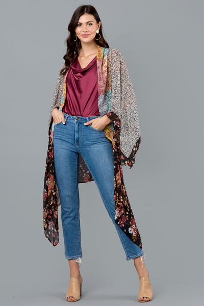 Mixed Floral Boho Kimono, Black