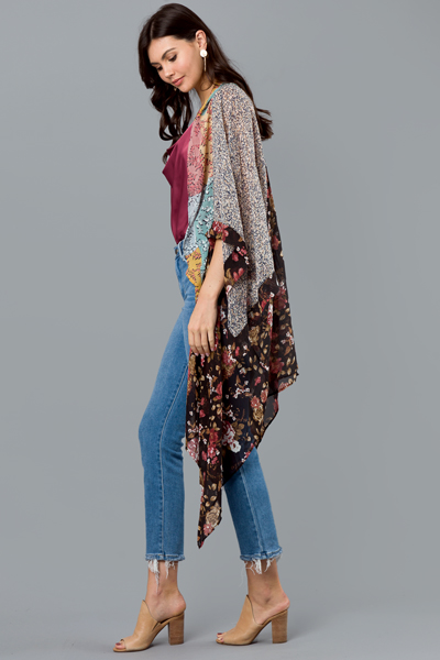 Mixed Floral Boho Kimono, Black