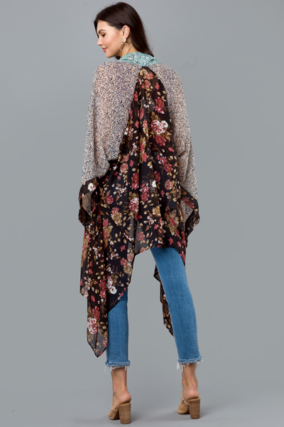 Mixed Floral Boho Kimono, Black