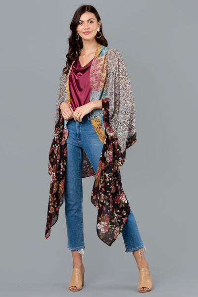 Mixed Floral Boho Kimono, Black