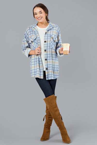 Plaid Waffle Knit Shacket, Blue