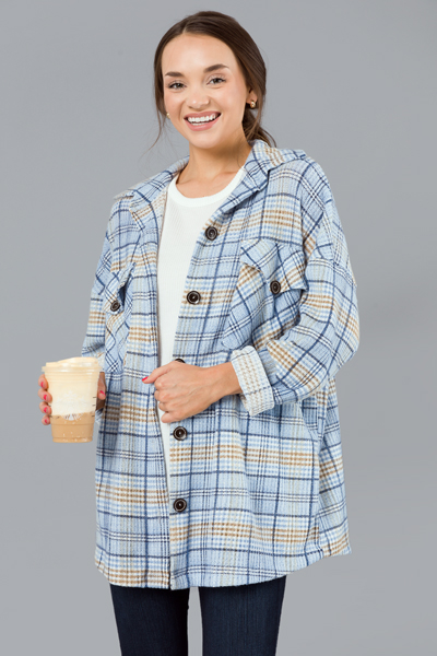 Plaid Waffle Knit Shacket, Blue