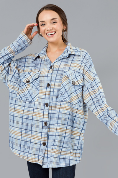 Plaid Waffle Knit Shacket, Blue