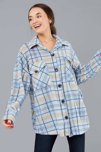 Plaid Waffle Knit Shacket, Blue