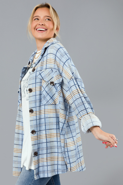 Plaid Waffle Knit Shacket, Blue