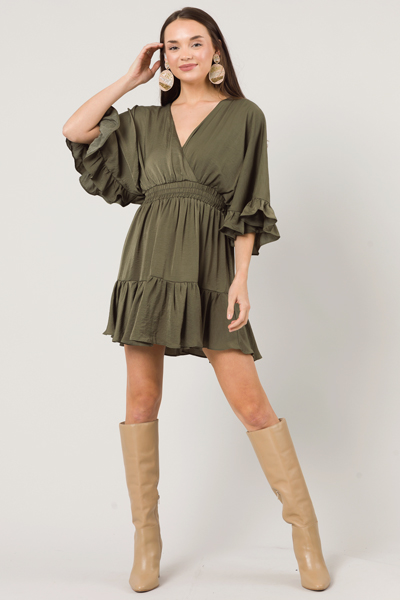 Silky Flutter Dress, Olive