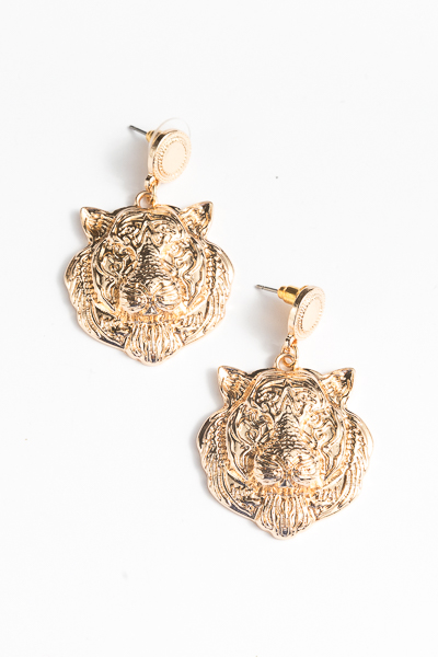 Tiger Post Dangle Earrings, Gold