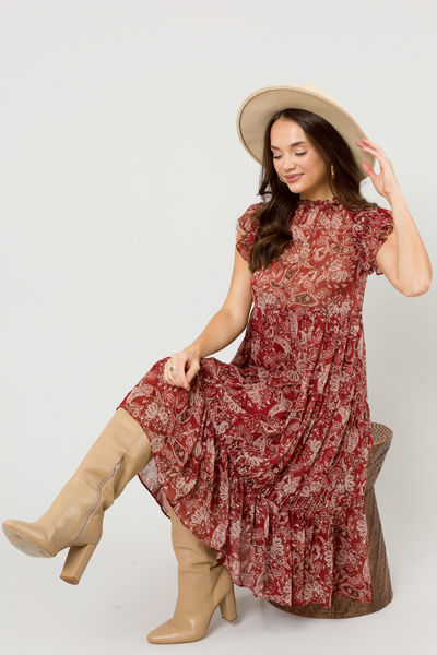 Belted Paisley Midi, Red