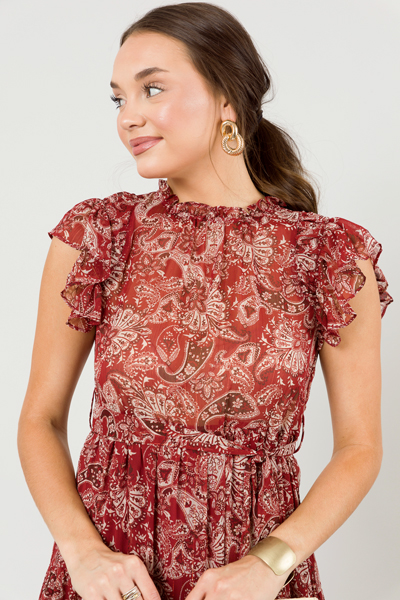Belted Paisley Midi, Red