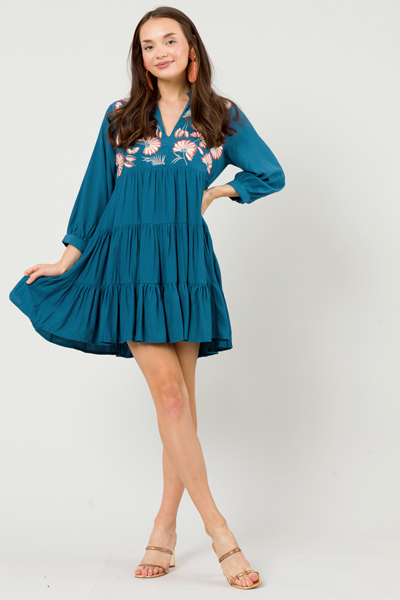 Fanned Blossoms Dress, Teal