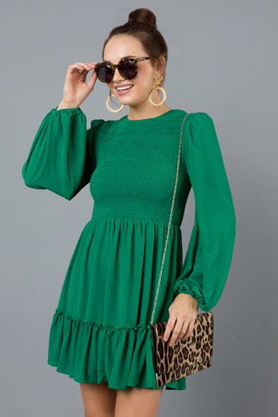 Evie Smocked LS Dress, Green
