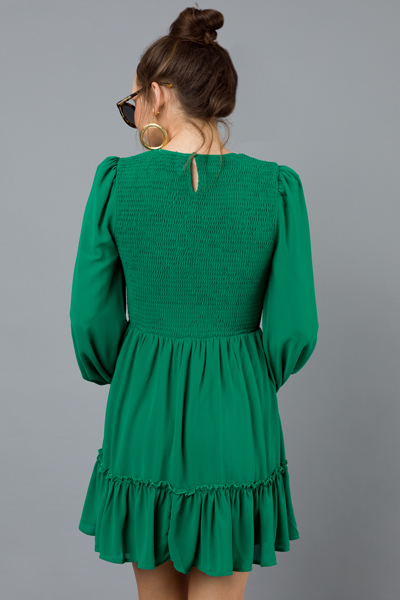 Evie Smocked LS Dress, Green