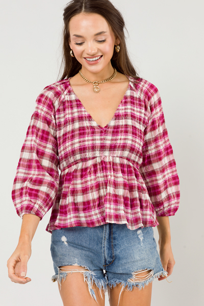 Plaid Smock V Top, Fuchsia