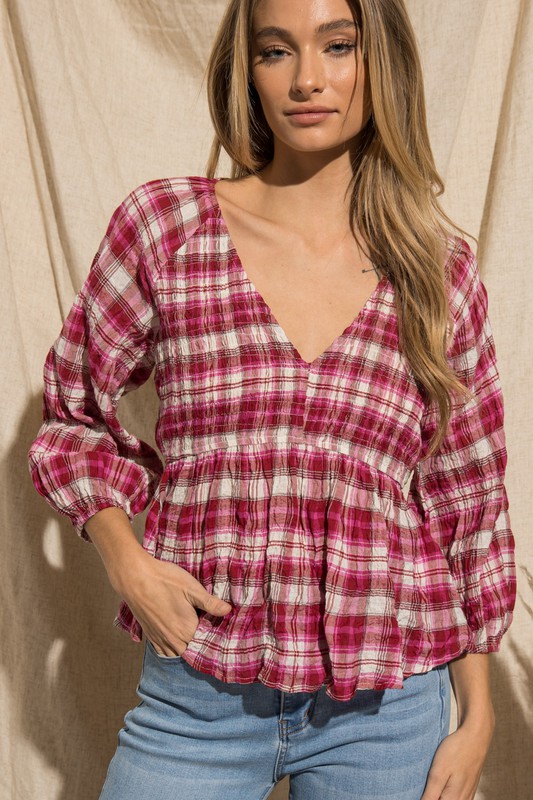 Plaid Smock V Top, Fuchsia