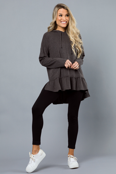 Ruffle Hem Hoodie, Charcoal