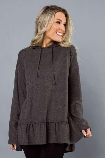 Ruffle Hem Hoodie, Charcoal