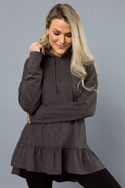 Ruffle Hem Hoodie, Charcoal