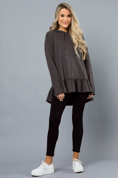 Ruffle Hem Hoodie, Charcoal