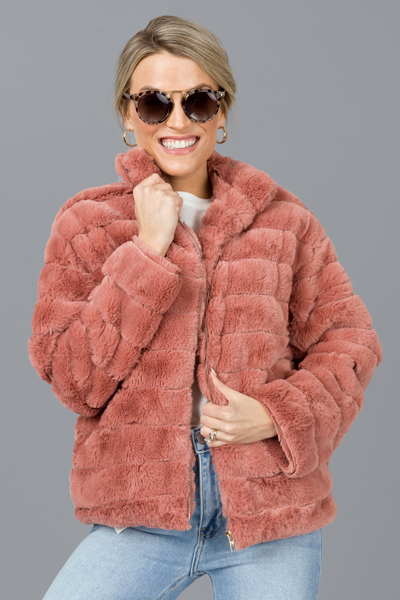 Fur Lines Zip Jacket, Mauve