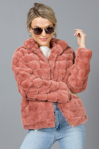 Fur Lines Zip Jacket, Mauve