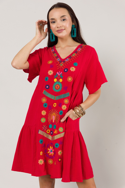 Gauze Embroidery Dress, Red