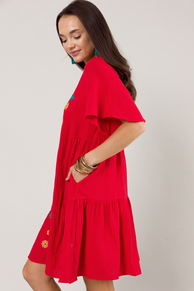 Gauze Embroidery Dress, Red