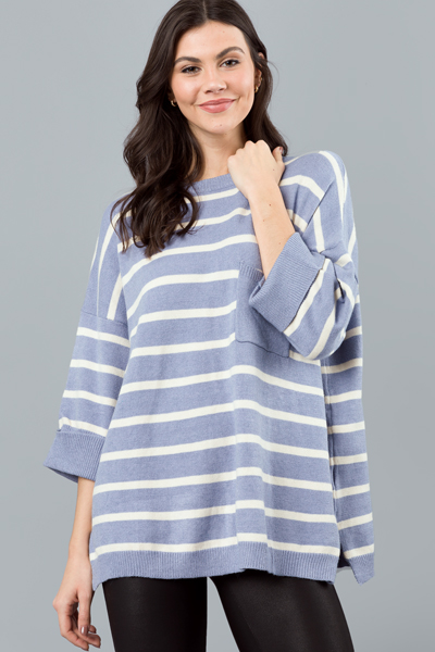 Striped Quarter Sweater, Blue