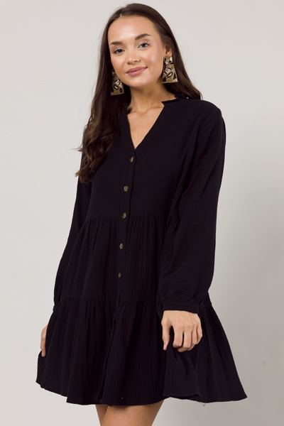 Button Down Gauze Dress, Black