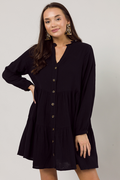 Button Down Gauze Dress, Black