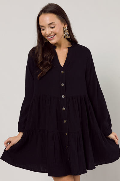 Button Down Gauze Dress, Black