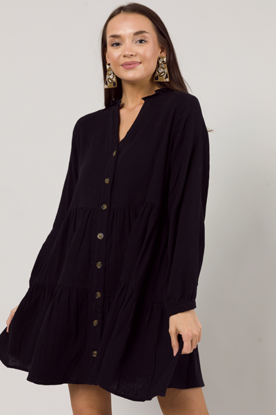 Button Down Gauze Dress, Black - Dresses w/ Sleeves - Dresses - The ...