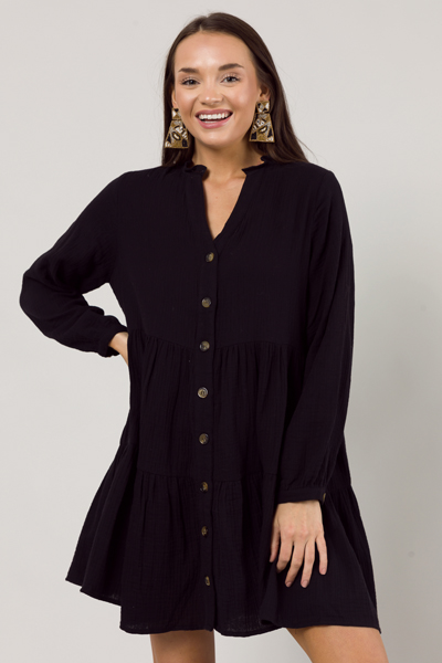 Button Down Gauze Dress, Black