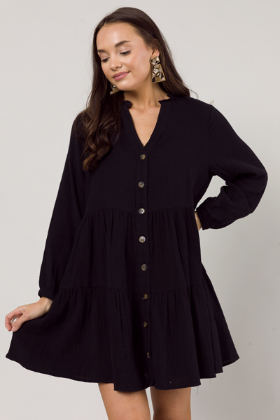 Button Down Gauze Dress, Black