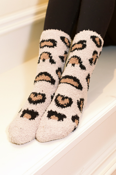 Fuzzy Leopard Socks, Camel