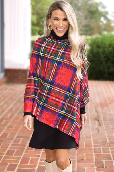 Emily Poncho, Red Tartan Plaid