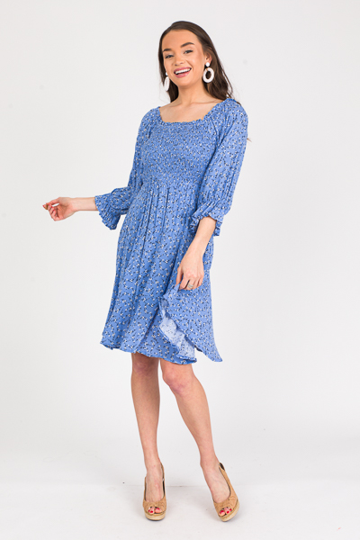 Floral Stems Smock Dress, Blue