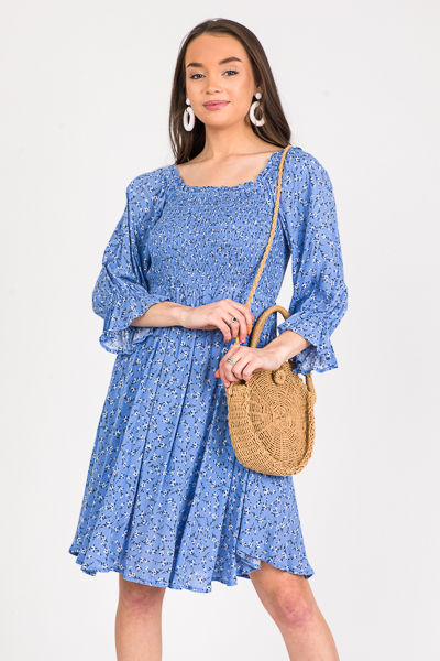 Floral Stems Smock Dress, Blue