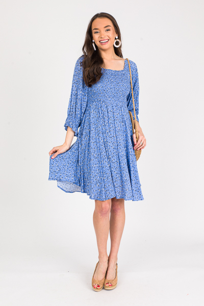 Floral Stems Smock Dress, Blue